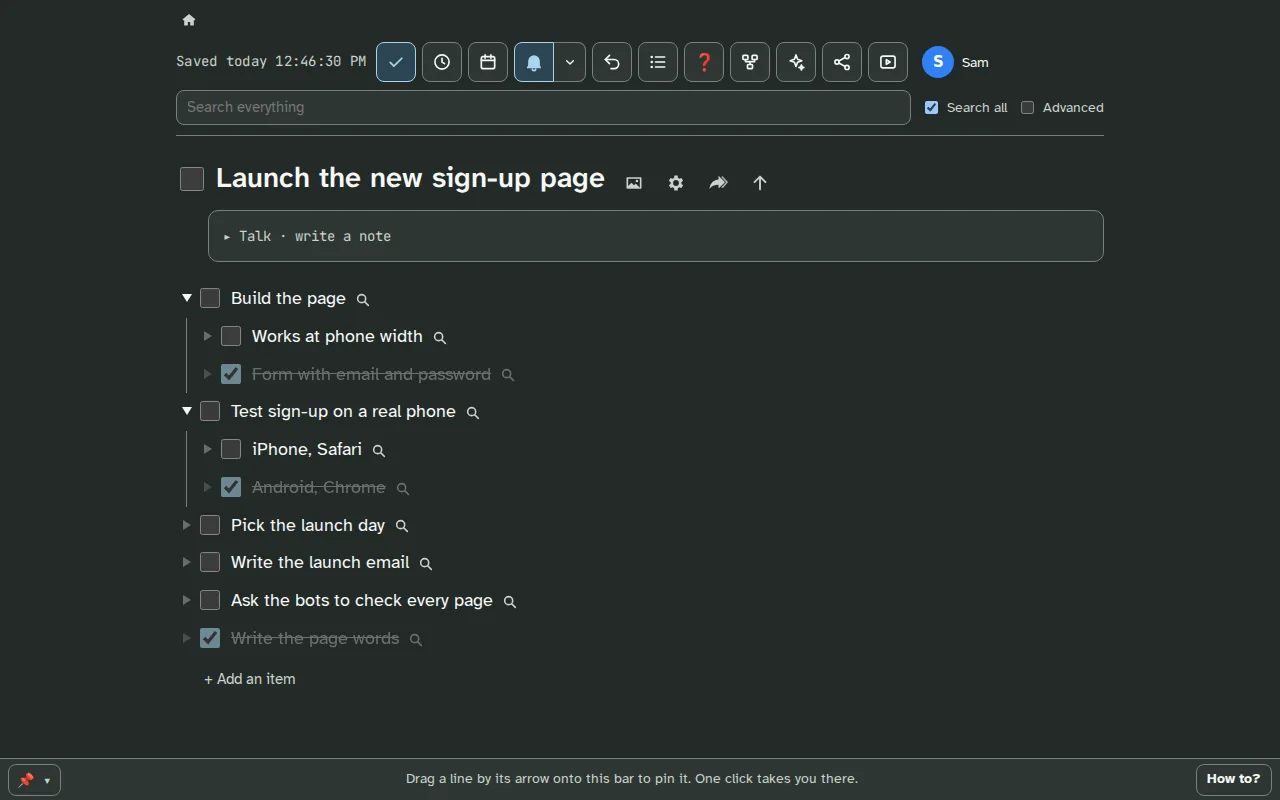 The Flowtinuity list on a computer: Launch the new sign-up page, with the lines inside it and three of them checked off.